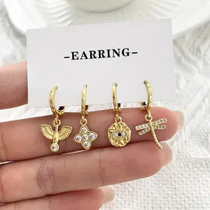 Iced out Clearly dragonfly CZ drop hoop earrings women,fashion jewelry animal 18k gold plated zirconia girls earrings wholesale