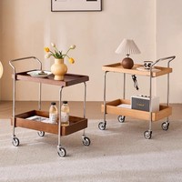 Table d'appoint mobile en acier inoxydable à double niveau et bois massif, style moderne minimaliste, chariot de rangement pour salon, mobilier de style mid-century