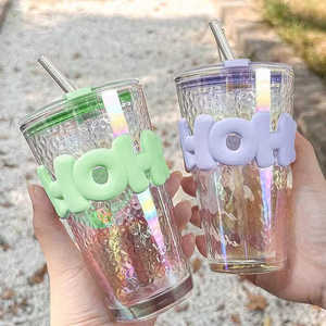 Offre Spéciale – <span class=keywords><strong>Bouteille</strong></span> d'eau en verre résistante à la chaleur, mignonne et tendance, avec paille en verre, tasse à café avec couvercle, idéale pour les cadeaux promotionnels - Product Image 1
