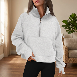 Sudadera Corta Gris para Mujer, con Cierre de Media Cremallera, Cuello Redondo Vintage, Transpirable, de Secado Rápido, 100% Algodón, Informal, para Otoño e Invierno - Product Image 2