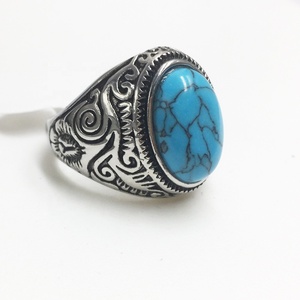 Bague vintage en acier inoxydable avec grande pierre ovale bleu turquoise, cadeau pour lui, bague classique vintage gothique pour homme avec pierre artificielle - Product Image 1