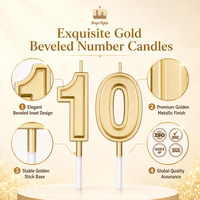 Bougies d'anniversaire de luxe 10 pièces avec chiffres incrustés d'or, finition métallique de haute qualité, décorations de gâteau pour enfants et adultes