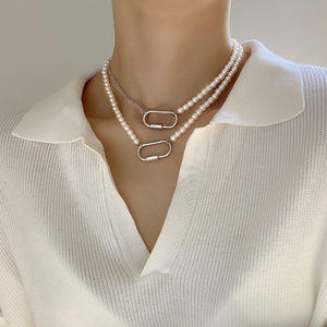 Nouveau collier de perles d'imitation double couche <span class=keywords><strong>simple</strong></span> pour <span class=keywords><strong>femme</strong></span>, collier ras du cou géométrique décontracté - Product Image 2