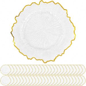 Lot de 50 Assiettes de Présentation Durables en Plastique PP Transparent 13'' avec Bord Doré Motif Floral Corail Design Moderne Classique pour Mariage et Réceptions - Product Image 1