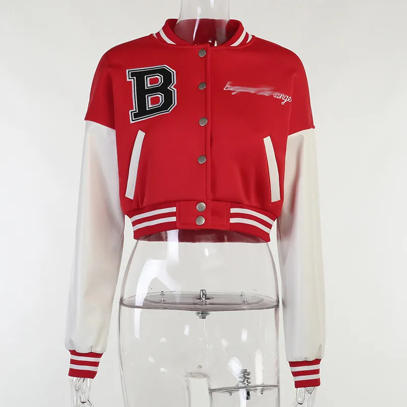Ladies Short Coats Bomber Letterman Cropped Baseball Jacket Sleeves Women's Fashion 2022 Custom Custom Fall Winter Leather
