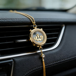 Ornement de voiture à suspendre avec chaîne, <span class=keywords><strong>Allah</strong></span> Muhammad, pendentif rond en métal avec strass, calligraphie arabe, cadeau musulman pour l'Aïd et le Ramadan - Product Image 1