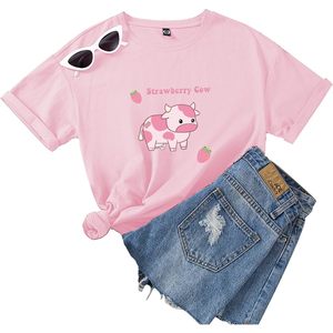 FOXA เสื้อยืดลายวัวสตรอเบอร์รี่สีชมพู เสื้อยืดกราฟิกผู้หญิงแขนสั้นผ้าฝ้ายฤดูร้อนคาวาอิ คอกลมสไตล์น่ารัก - Product Image 1