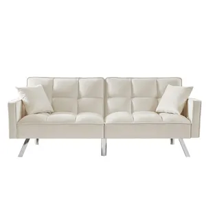 Sofá moderno de veludo, cama com braços e 2 travesseiros para sala de estar e quarto branco