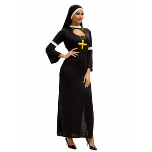Nun Costume Dress With Cross Headband Black Long Sleeve Cosplay Role Play Halloween Outfit Women Adult Size M Xl - Product Image 3