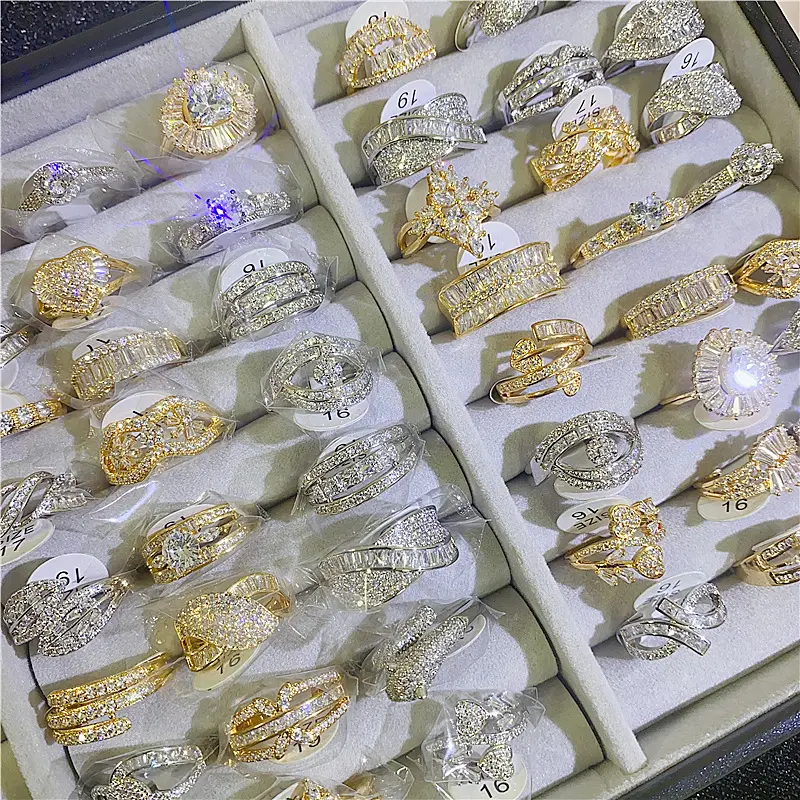 Baru diskon besar berlian imitasi penuh Wanita Pria tebal lebar cincin besar penjualan grosir emas perak zircon mewah mode cincin perhiasan