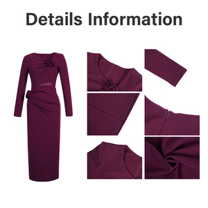 Abito midi ZYHT 61313 <span class=keywords><strong>bordeaux</strong></span> in tessuto solido con vita naturale, <span class=keywords><strong>maniche</strong></span> <span class=keywords><strong>lunghe</strong></span>, decorazioni a rosa, arricciature e cut-out. - Product Image 4