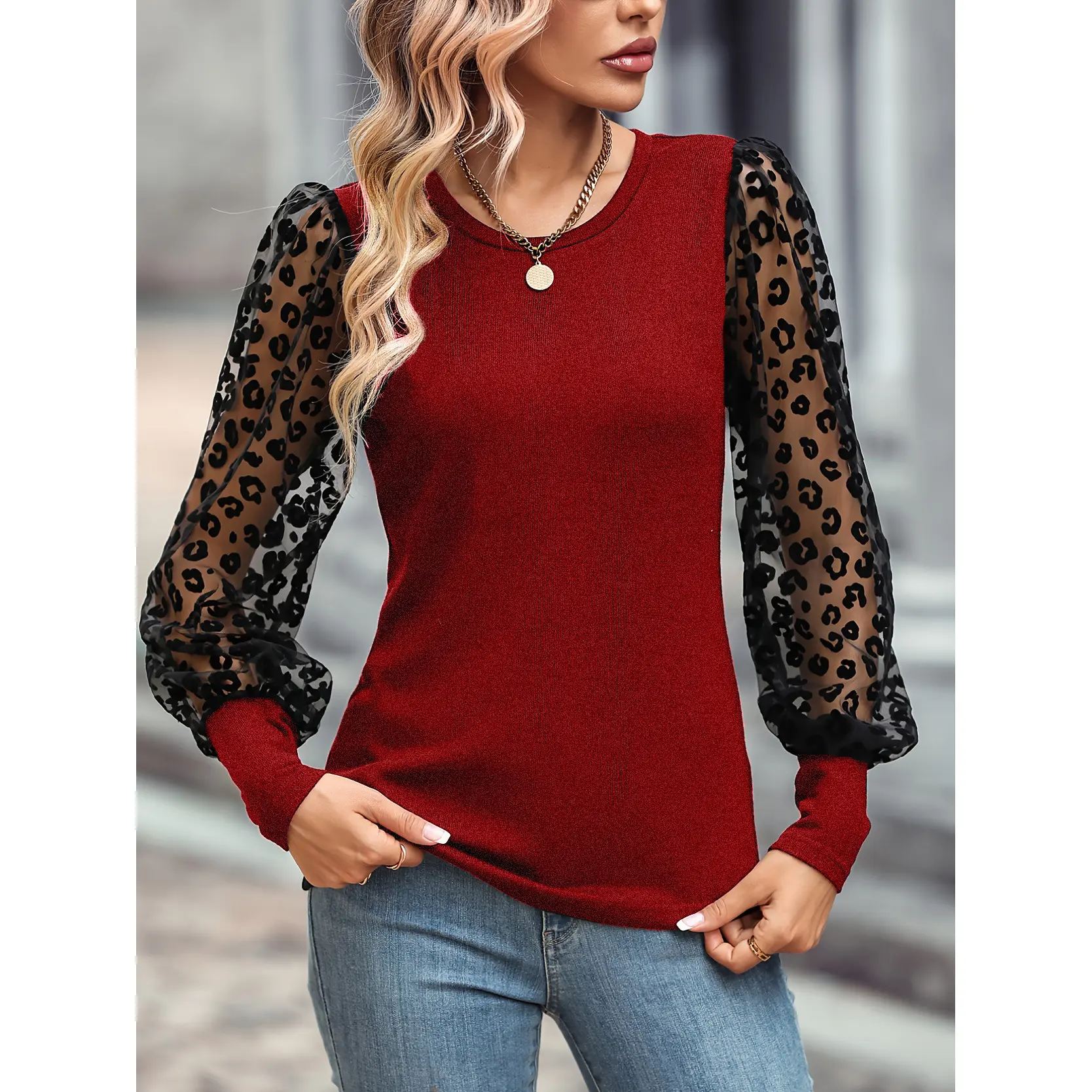 Nieuwe Herfst Dame Mode Casual Sweety Gaas Mesh Puff Luipaard Lange Mouwen Patchwork Vrouwen Elegante Bescheiden Tops En Blouse