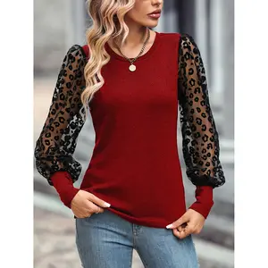 New autumn lady fashion casual sweety Gauze mesh puff Leopard long sleeves patchwork women elegant modest tops and blouse