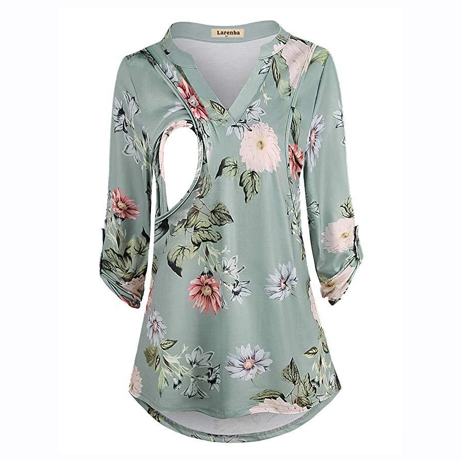 Hot Sale Women Breastfeeding Top Cloth Avocado Design Chiffon V-Neck Long-Sleeved Maternity Nurse Shirt