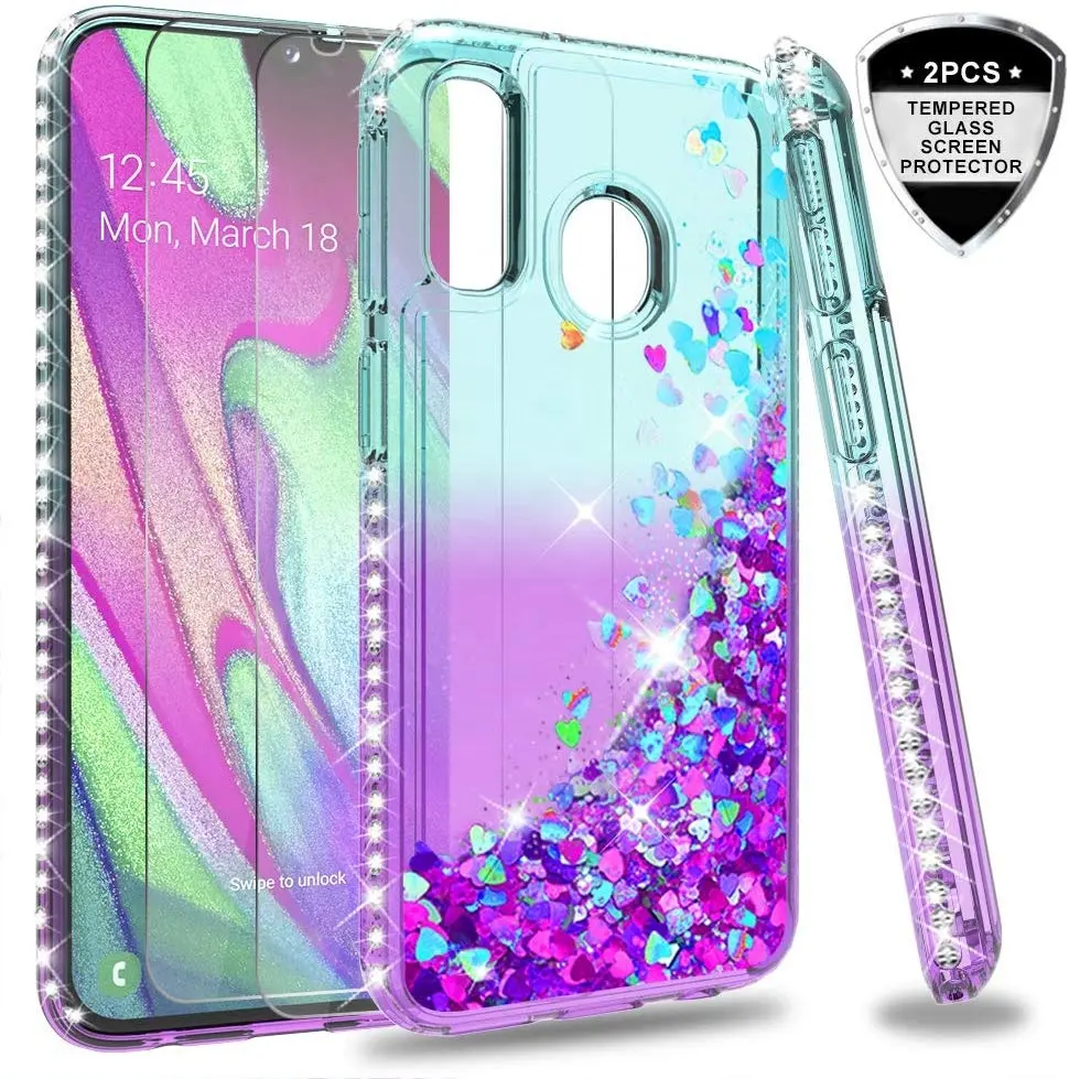 LeYi Liquid Bling Diamond Cute Clear Phone Case For Samsung Galaxy A40 Case With Tempered Glass Screen Protector[2 Pack]
