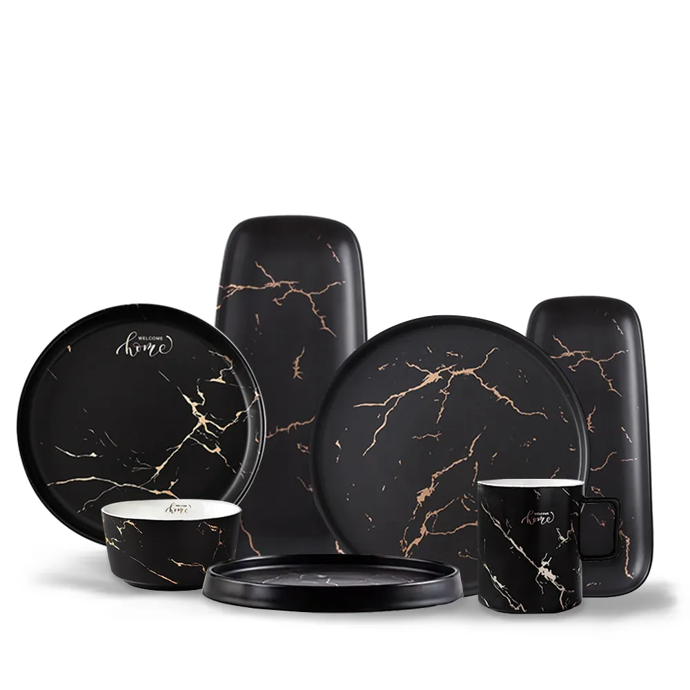 Nordic Style Factory Atacado Preto Branco Mármore Jantar Cerâmica Pratos Placas Conjuntos Porcelana Dinnerware Set