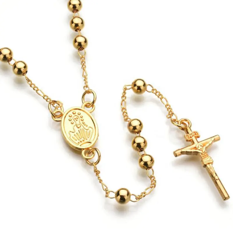 Cadena de cuentas de acero inoxidable religioso, collar de Rosario cristiano con cruz de Jesús