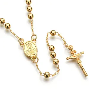 Chaîne de perles en acier inoxydable religieux Jésus Croix Collier de chapelet chrétien