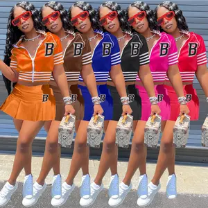 2022 New Fashion Print Letter Women Clothing Sets Varsity Jacket And Pleated Skirt Set Skirt Sport Summer Two Piece Skirt Set