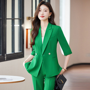 Women's Mid Sleeve <b>Blazer</b> Suit <b>Set</b> Solid Color Polyester Breathable No Wrinkle Treatment Casual Professional Style - Product Image 1