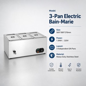 Commercial Three Pan Electric Soup Warmer Bain Marie 1.5kW for Buffet Restaurants Hotels Catering and Food Service Dealers - Product Image 2