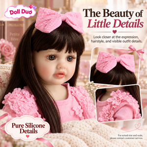 Poupée Duo Personnalisée 18 Pouces Corps Entier en Silicone Matryoshka Reborn Cheveux Bruns Grand Nœud Rose Jouet Doux Personnalisé - Product Image 3