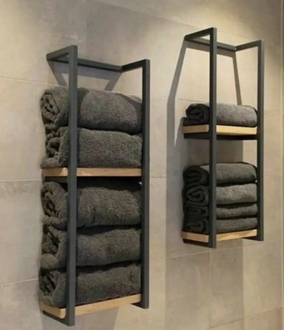 Bathroom Towel Rack Wall Mounted Decor, Industrial Pipe Holder, Shower Caddy, Shelf and bar With Wood Tray