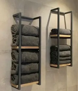 Portasciugamani da bagno decorazione a parete, portaoggetti industriale, portaoggetti per doccia, ripiano e barra con vassoio in legno