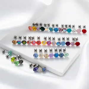 HENGSEN Minimalist Multicolor Round Austrian Crystal Cartilage Stud Earrings Screw Back Stainless Steel Helix Piercing Jewelry