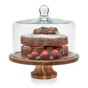 Подставка для торта из акации с деревянными ножками, круглая деревянная бамбуковая подставка для торта, набор с акриловым стеклянным куполом для свадебных тортов
