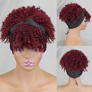 Perruques de bandeau écharpe noire naturelle avec frange <span class=keywords><strong>Afro</strong></span> Puff perruque de <span class=keywords><strong>cheveux</strong></span> humains courte bouclée abordable sans colle - Product Image 4