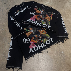 T-shirt en molleton French Terry à manches longues pour homme, imprimé DTG vintage, coupe oversize avec épaules tombantes et motifs graphiques - Product Image 2