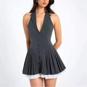 Robe d'automne pour femme à prix bas, style professionnel sexy, sans manches, en lin et coton, modeste, unie, plissée, décontractée - Product Image 4