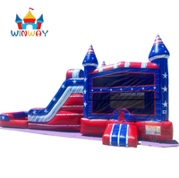 Château gonflable populaire et abordable, directement d'usine, avec toboggan et piscine, motif marbré bleu et rouge, idéal pour la location de fêtes et les jeux aquatiques estivaux.