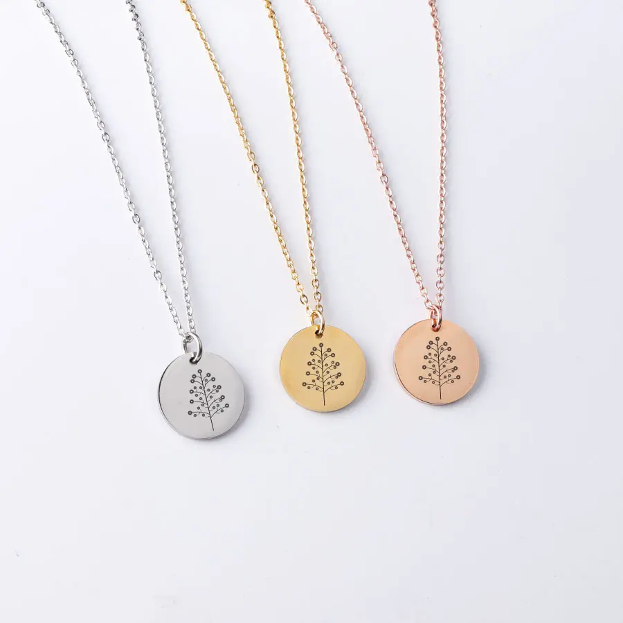 Customized Stainless Steel Jewelry Personalized Gold Birth Floral Flower Month Handmade Coin Pendant Necklace For Women