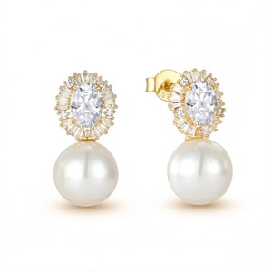 YILUN Regal Elegance, pendientes de gota de perlas chapados en oro, Plata de Ley 925 CZ <span class=keywords><strong>Halo</strong></span>, perlas de lujo, pendientes de novia para mujer - Product Image 1