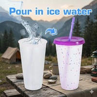 Gobelet en plastique jetable écologique 24 oz avec couvercle et paille, à changement de couleur, pour consommation directe, personnalisable avec logo, faible MOQ, idéal pour les fêtes
