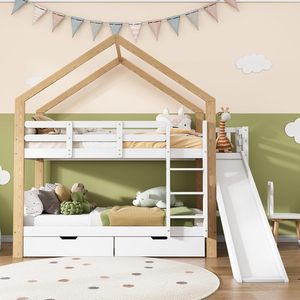 Lit superposé avec toboggan et échelle <span class=keywords><strong>d</strong></span>'<span class=keywords><strong>angle</strong></span> à trois étages et 2 tiroirs Lit de maison avec protection contre les chutes Cadre de lit en bois massif blanc - Product Image 2