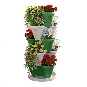 Custom PP Plastic 3 Tier <b>Vertical</b> Strawberry <b>Planter</b> Stackable Garden Pot with Water Collection Tray Green & White Color - Product Image 1