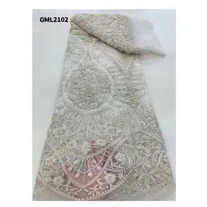 Tissu en dentelle brodée à paillettes blanches, étoffe coréenne brodée de qualité supérieure pour robe de mariée, fait à la main avec cristaux perlés