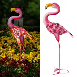 太阳能火烈鸟户外花园雕像，粉色火烈鸟金属雕像灯，太阳能装饰鸟类庭院雕塑艺术