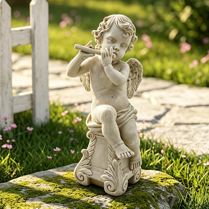 Estatua Antigua de Cupido, Querubín, Ángel Tocando la <span class=keywords><strong>Flauta</strong></span>, Figura de Resina Envejecida para Decoración de Jardín Exterior - Product Image 1