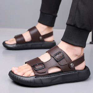 Sandales plates pour hommes en cuir de vachette première couche, à bout ouvert, semelle extérieure en caoutchouc antidérapante, respirantes, semelle intérieure souple en EVA, chaussures d'été décontractées pour la plage - Product Image 3