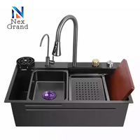 Nouvelle Évier de Cuisine Multifonction Moderne en Acier Inoxydable Noir 201 avec Revêtement Nano, Fait Main, avec Robinet en Laiton, Vasque Simple