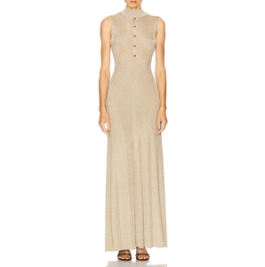 <span class=keywords><strong>Robe</strong></span> longue en maille lurex champagne sur mesure <span class=keywords><strong>pour</strong></span> femme, col montant, sans manches, boutons dorés, découpes, <span class=keywords><strong>robe</strong></span> de soirée, fabrication OEM/ODM - Product Image 1