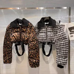 OEM Manufacturer thick quilted crop puffer jacket women custom logo print leopard checked plaid streetwear Y2K bomber down coat