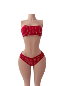 Conjunto de Bikini Rojo y Negro con Pedrería, Top sin Tirantes y Braguitas, Ropa de Baile Exótica para Adultos, Spandex y Poliéster, Atuendo de Stripper - Product Image 2