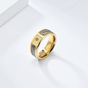 Bagues de mode en acier inoxydable, design corde métallique, incrustation de zircon, bijoux unisexes, couleurs or, noir, argent, K-R888 - Product Image 2