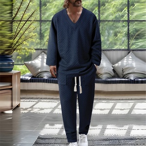 Conjunto Deportivo de Dos Piezas con Cuello en V y Jacquard para <span class=keywords><strong>Hombre</strong></span>, Cómodo, de Color Sólido, Informal, de Manga Larga y Pantalones Largos - Product Image 2