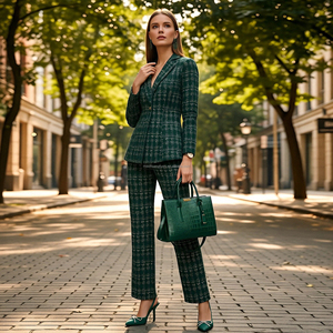 Custom Plaid <strong>Tweed</strong> blazer Wide Leg Pant <strong>Suit</strong> Set for Women Business Career Wear Ladies - Product Image 1